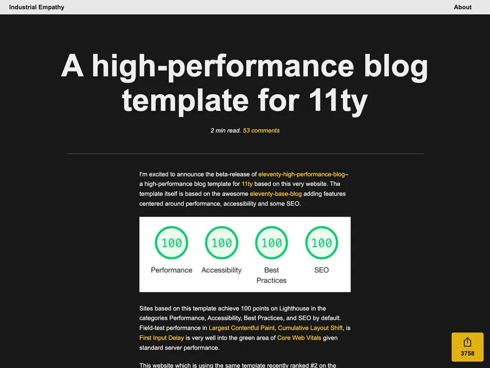 Eleventy High Performance Blog screenshot